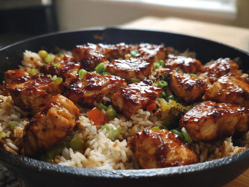 A close-up of a one-pan honey BBQ chicken rice dish, featuring glazed chicken pieces nestled in rice with vegetables.