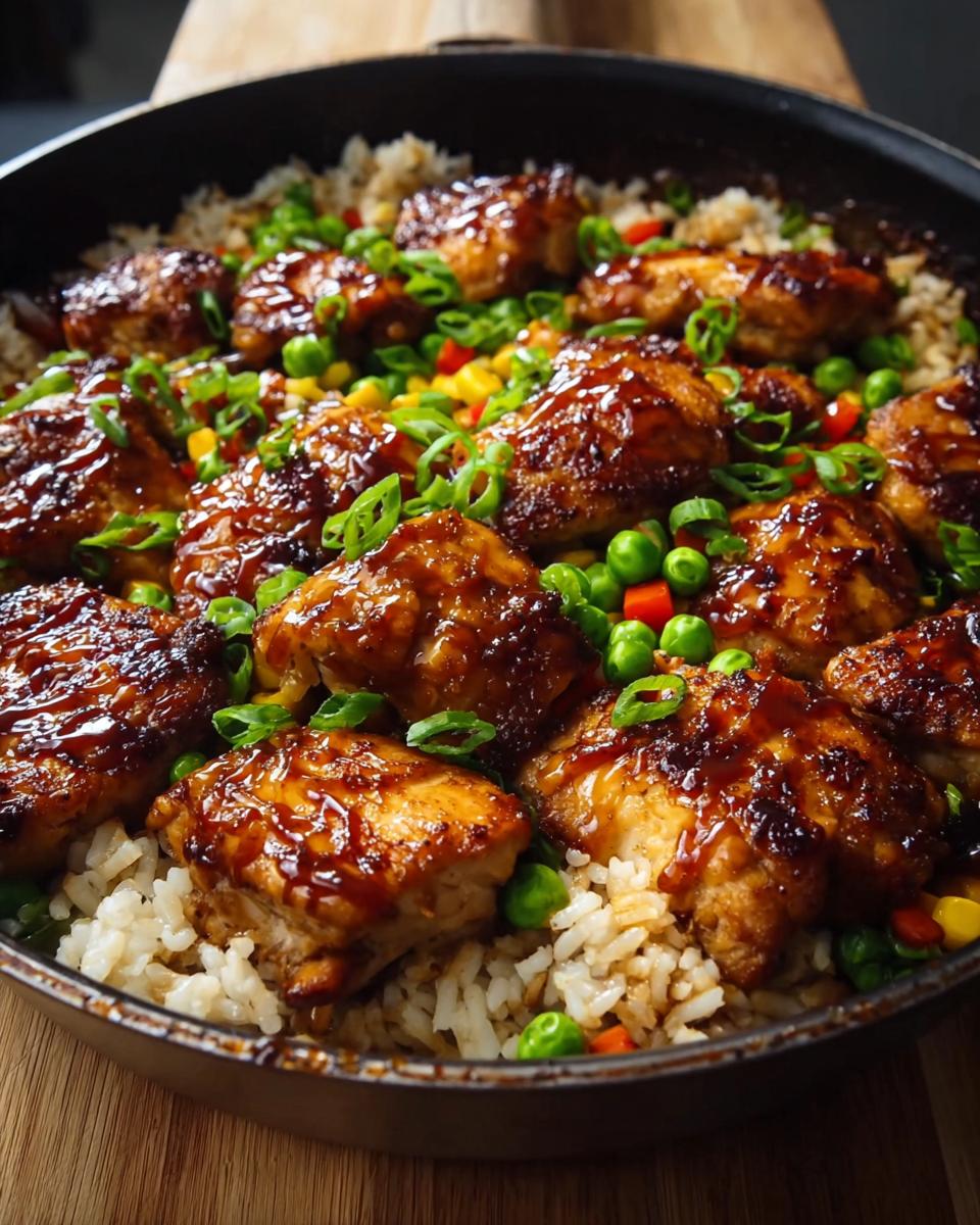 A close-up of a one-pan honey BBQ chicken rice dish with peas, corn, and green onions.
