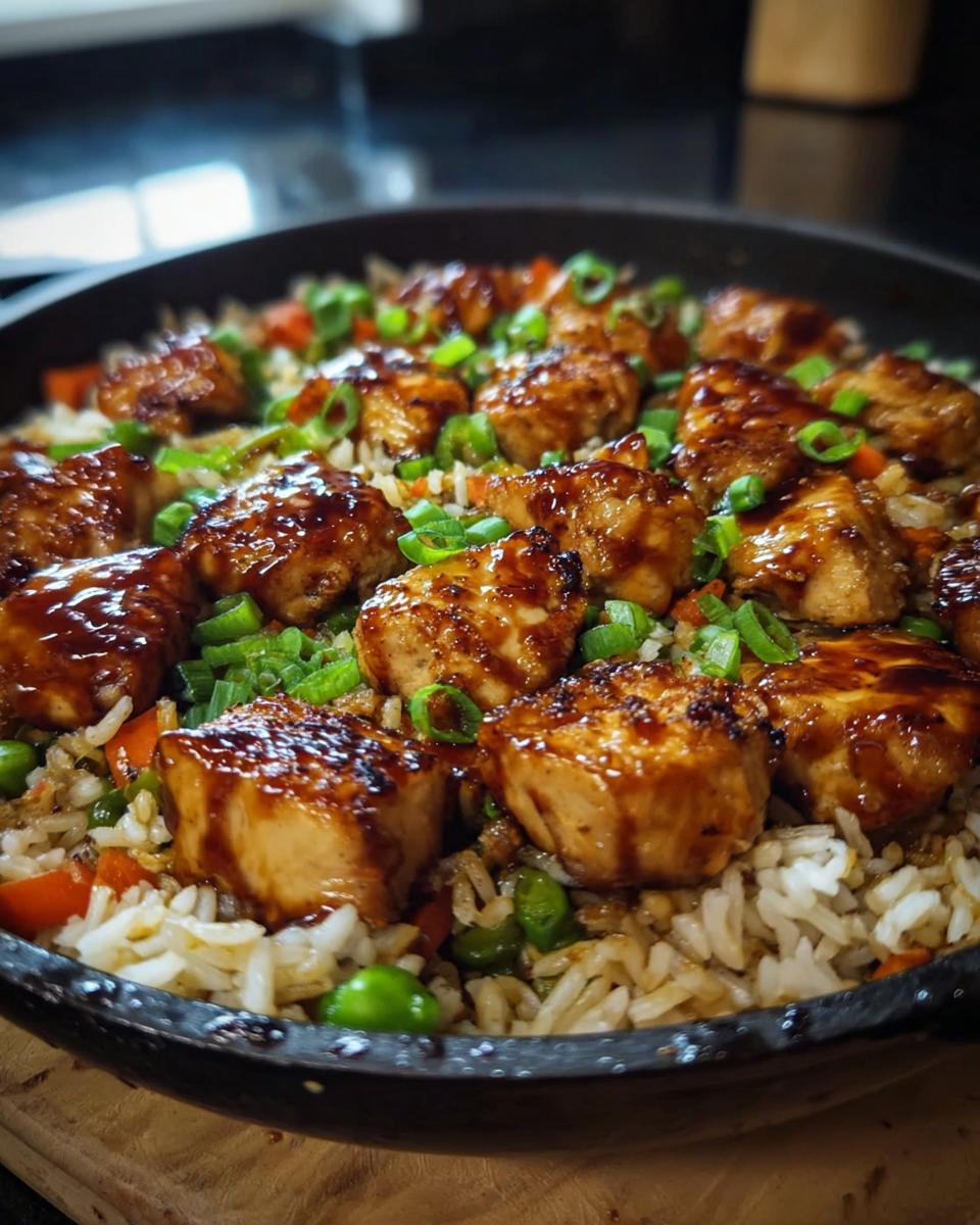 Close-up of a one-pan honey BBQ chicken rice dish in a skillet, topped with chopped green onions.