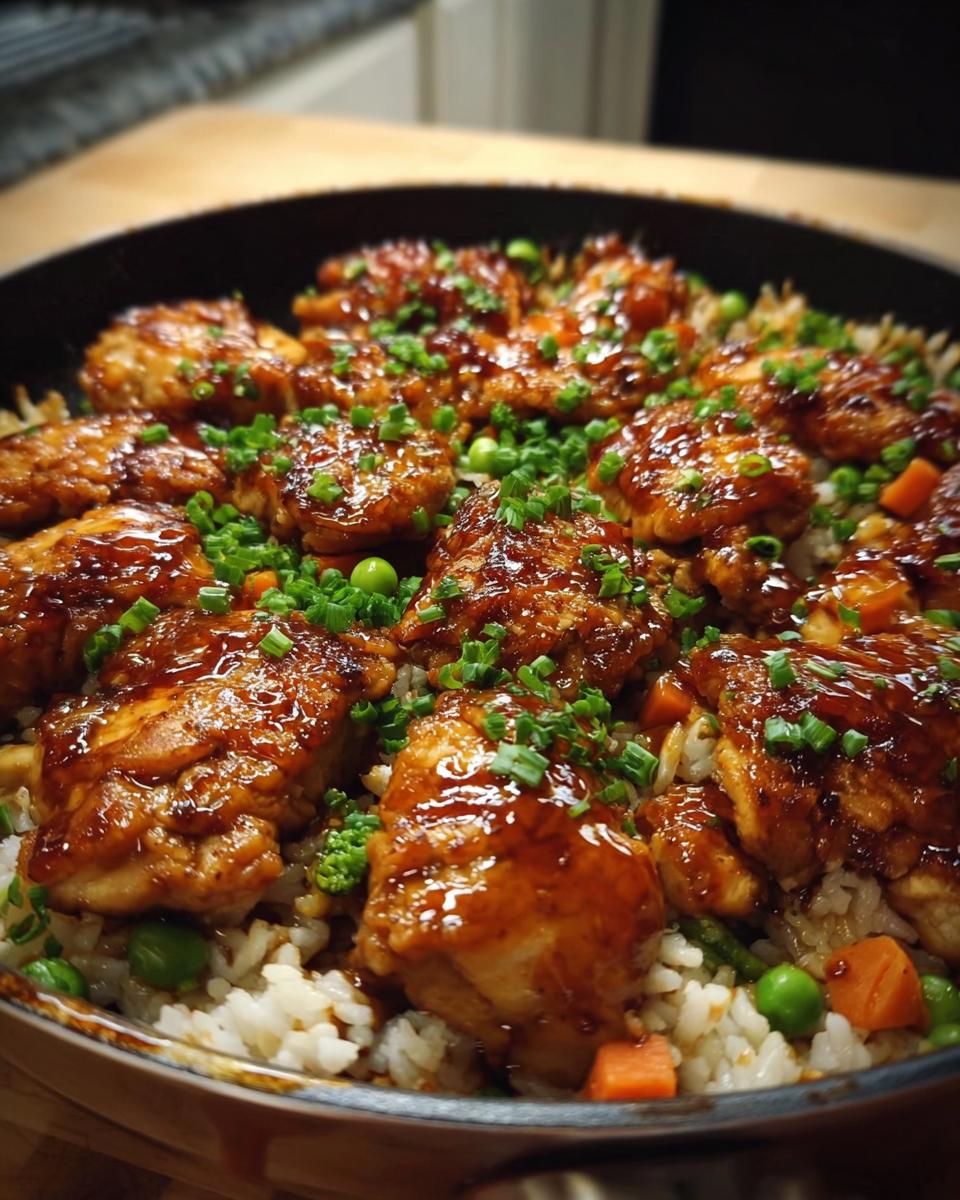 A close-up of a one-pan honey BBQ chicken rice dish, featuring glazed chicken pieces over fluffy rice with peas and carrots, garnished with chives.