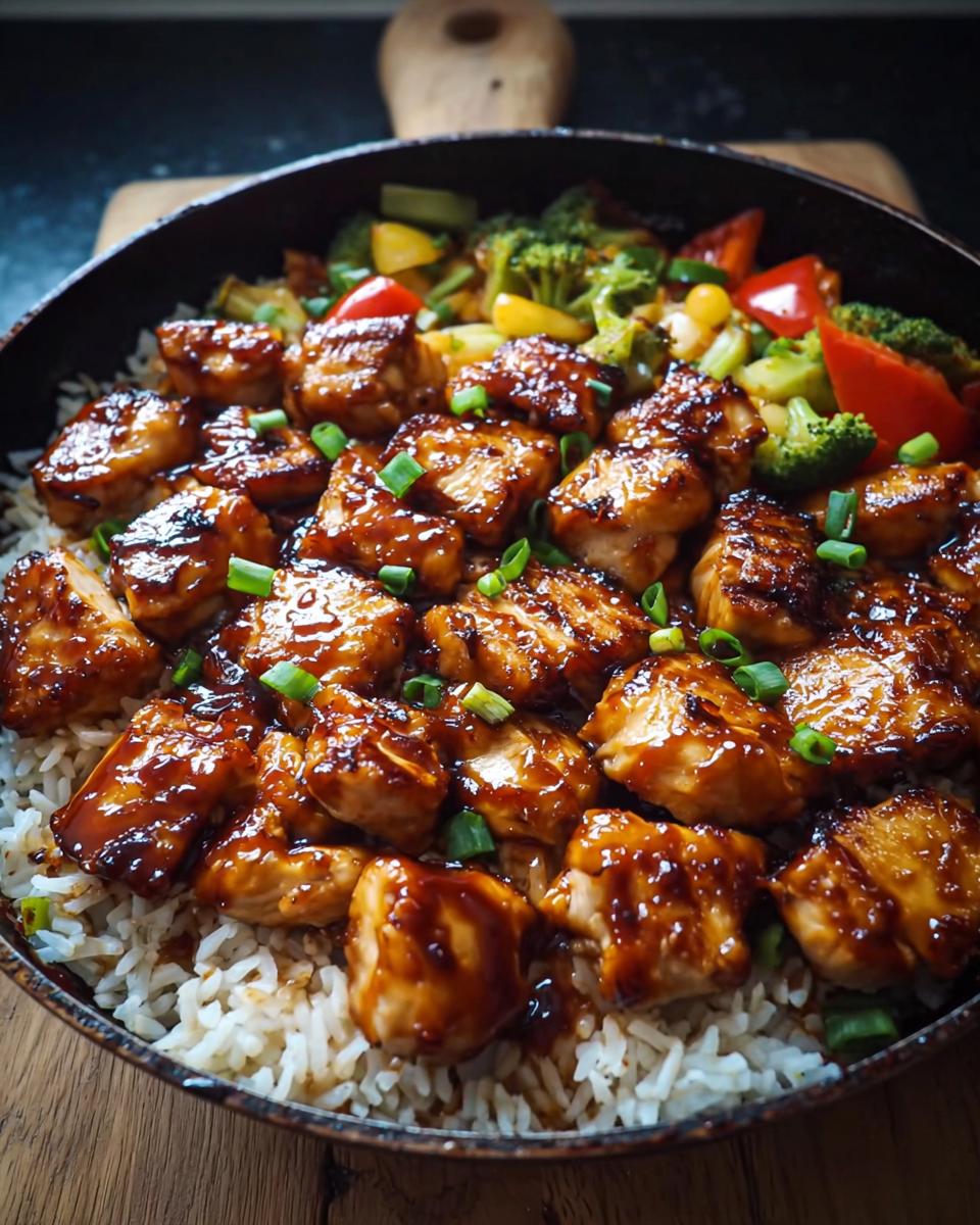 A close-up of a one-pan honey BBQ chicken rice dish, featuring glazed chicken pieces over white rice and a medley of colorful vegetables.