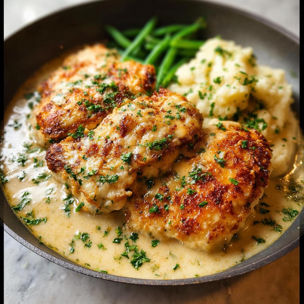 Three pieces of golden Parmesan Crusted Chicken served with mashed potatoes and green beans in a creamy garlic sauce.