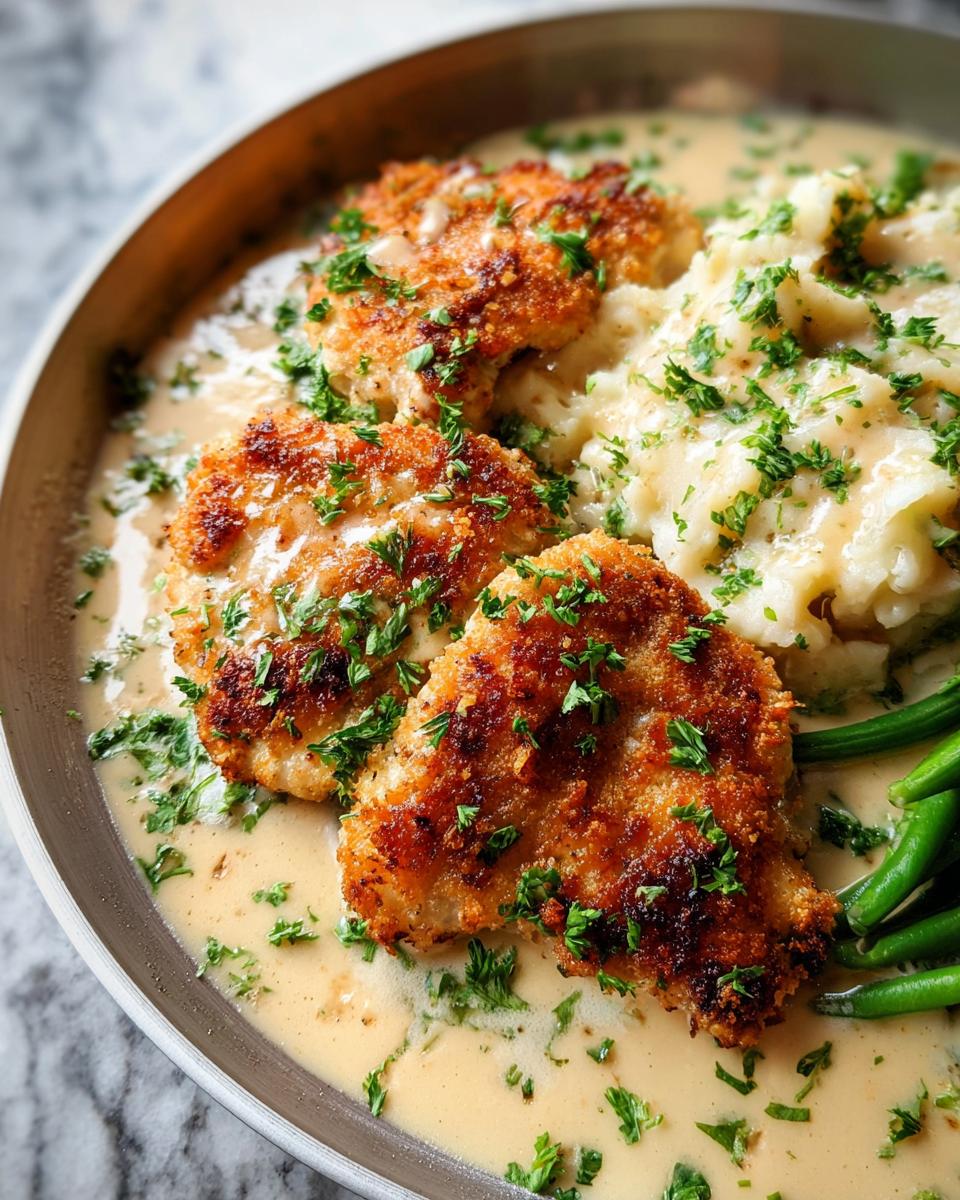 Three pieces of golden Parmesan Crusted Chicken served with mashed potatoes and green beans in a creamy garlic sauce.