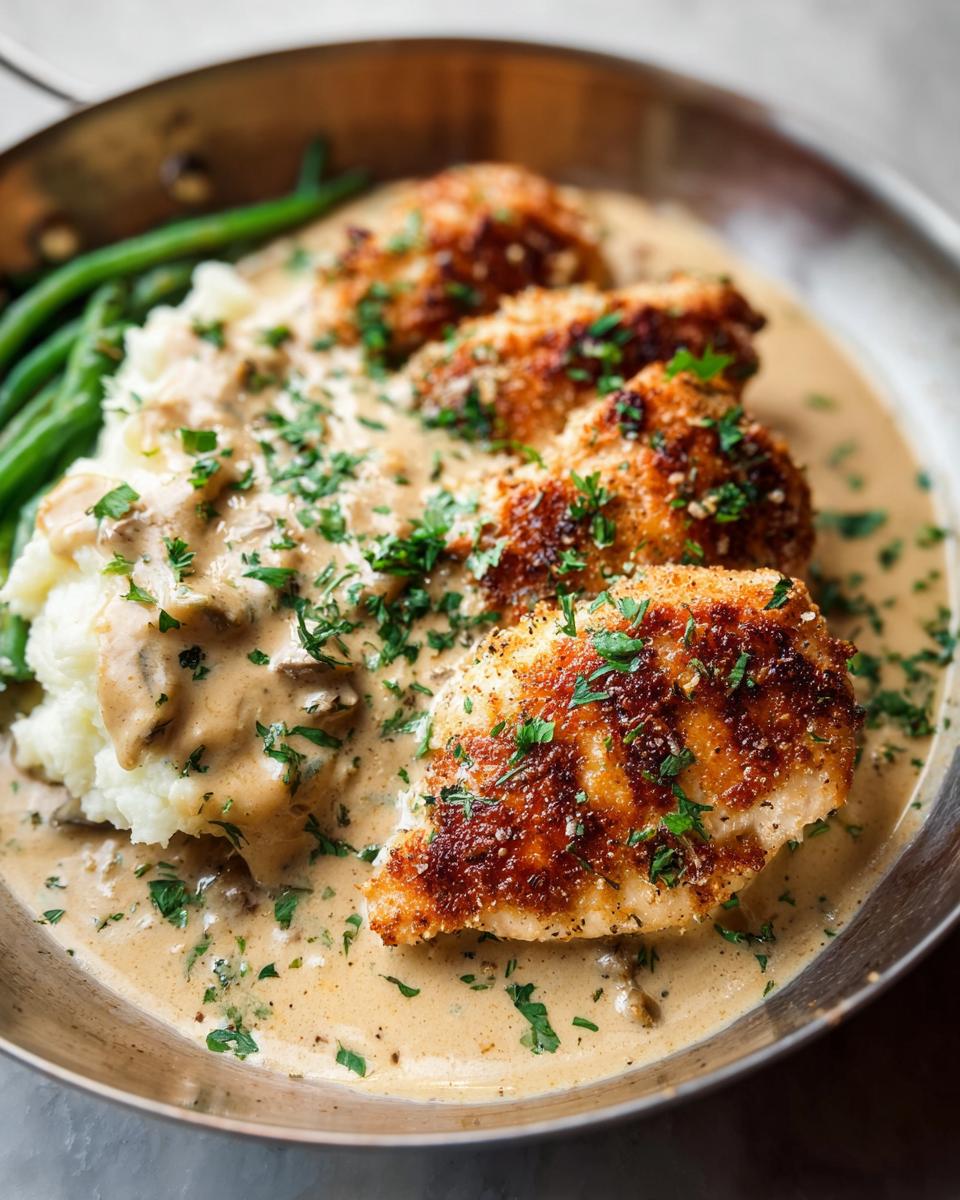 Close-up of Parmesan Crusted Chicken with Creamy Garlic Sauce, served with mashed potatoes and green beans.