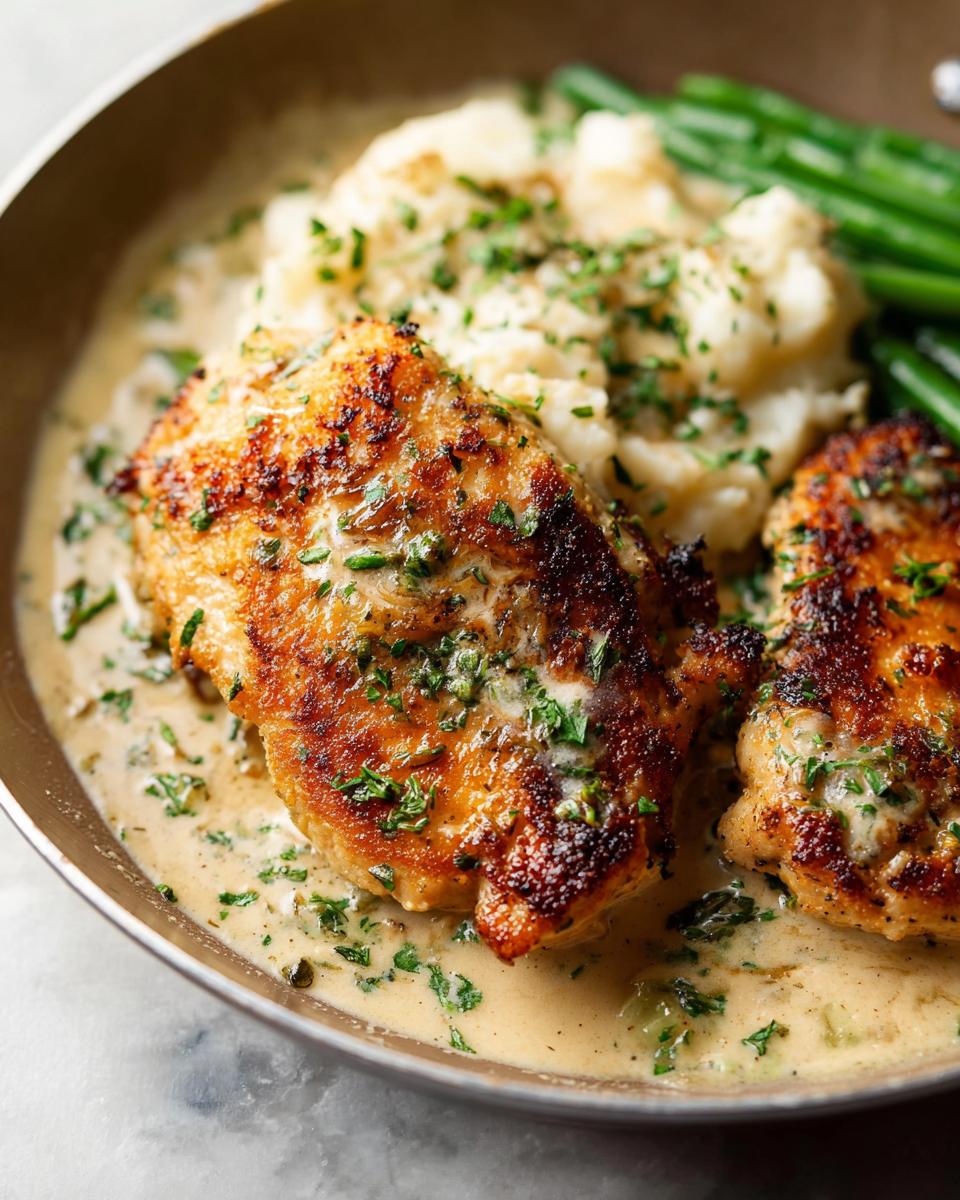 Two pieces of golden-brown Parmesan Crusted Chicken served with creamy garlic sauce, mashed potatoes, and green beans.