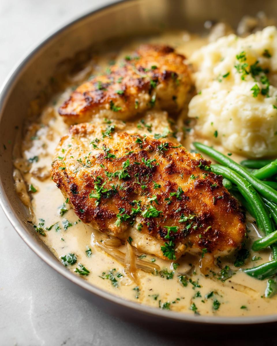 Parmesan Crusted Chicken with Creamy Garlic Sauce, served with mashed potatoes and green beans.