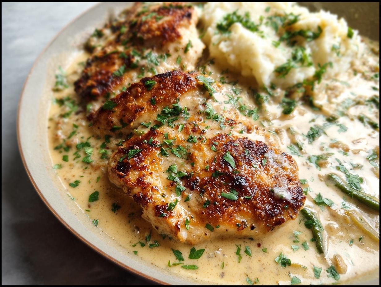 Golden brown Parmesan crusted chicken breasts smothered in a creamy garlic sauce, served with mashed potatoes and green beans.