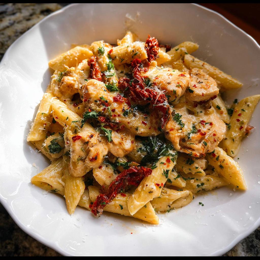 A close-up of creamy Parmesan Marry Me Chicken Pasta with sun-dried tomatoes and parsley.