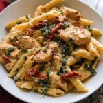 A close-up of creamy Parmesan Marry Me Chicken Pasta with penne, chicken pieces, sun-dried tomatoes, and basil.