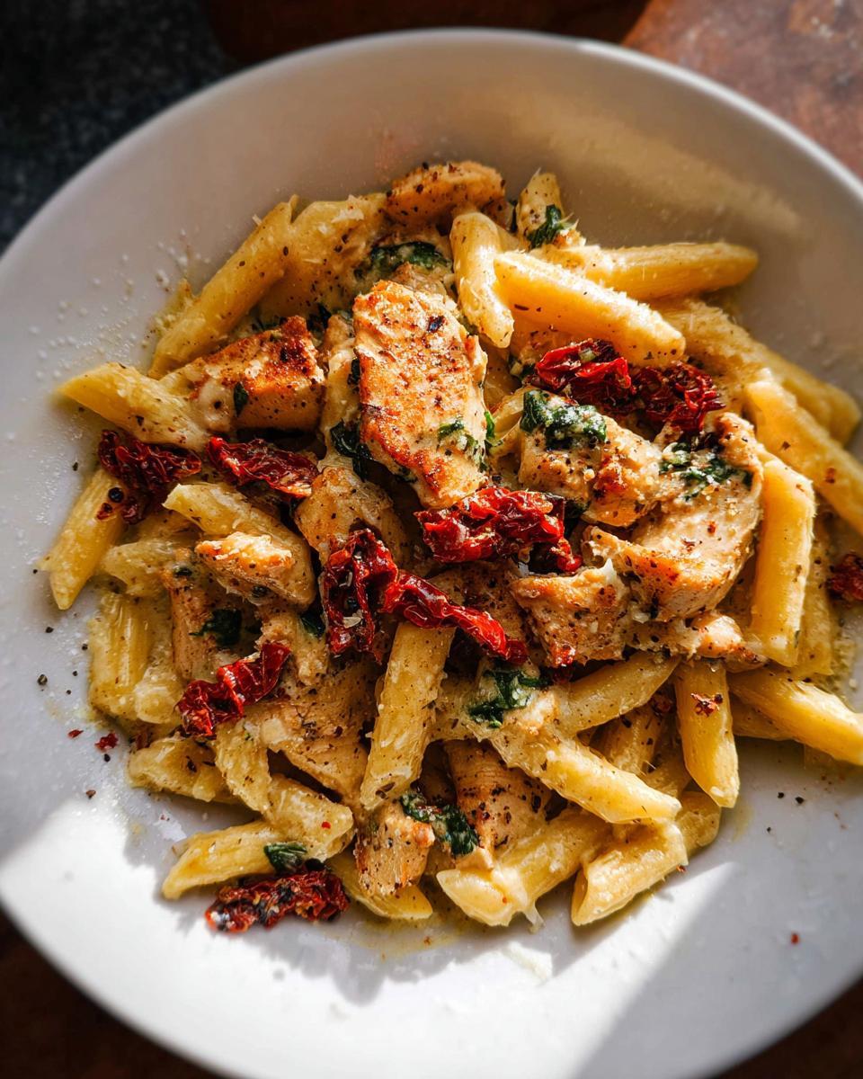 A close-up of creamy Parmesan Marry Me Chicken Pasta with penne, chicken pieces, and sun-dried tomatoes.