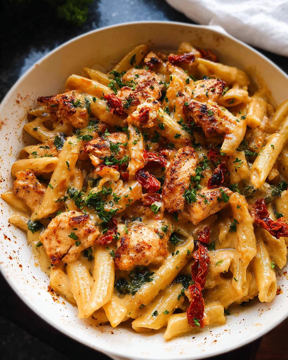 A creamy bowl of Parmesan Marry Me Chicken Pasta, topped with grilled chicken, sun-dried tomatoes, and fresh parsley.