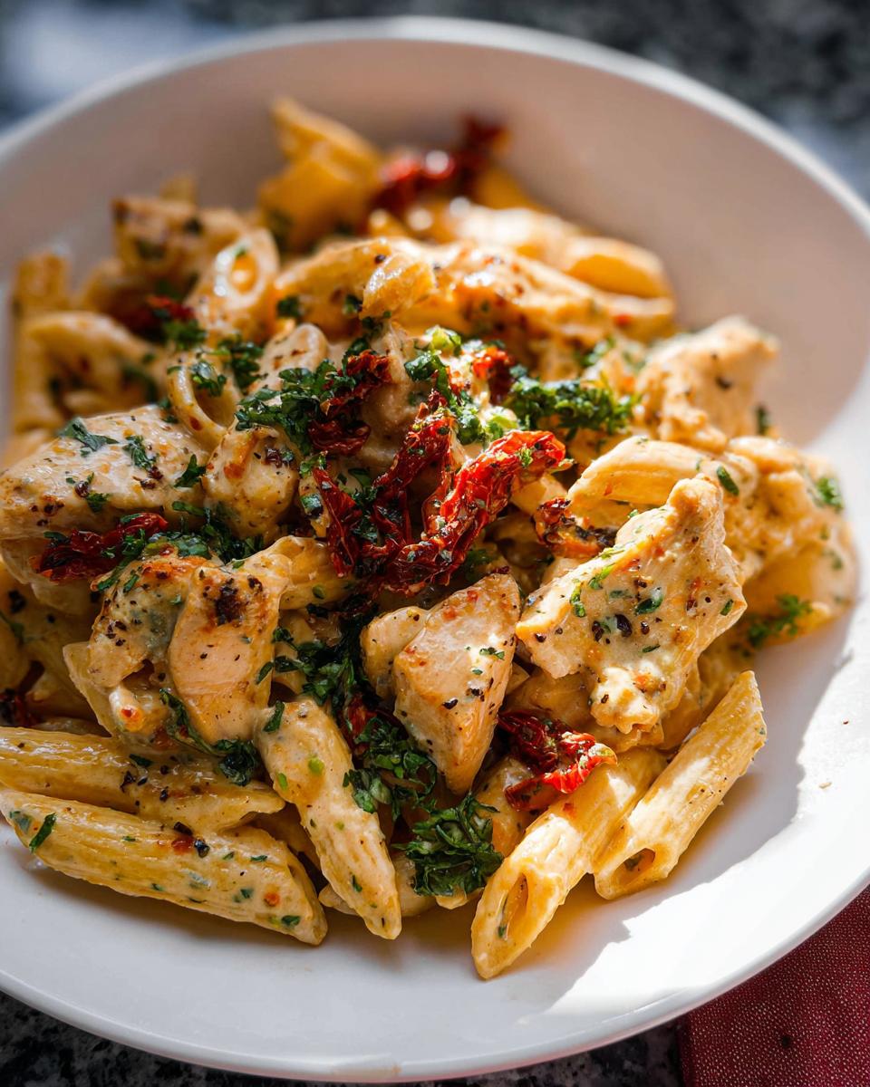 A close-up shot of creamy Parmesan Marry Me Chicken Pasta with sun-dried tomatoes and parsley.