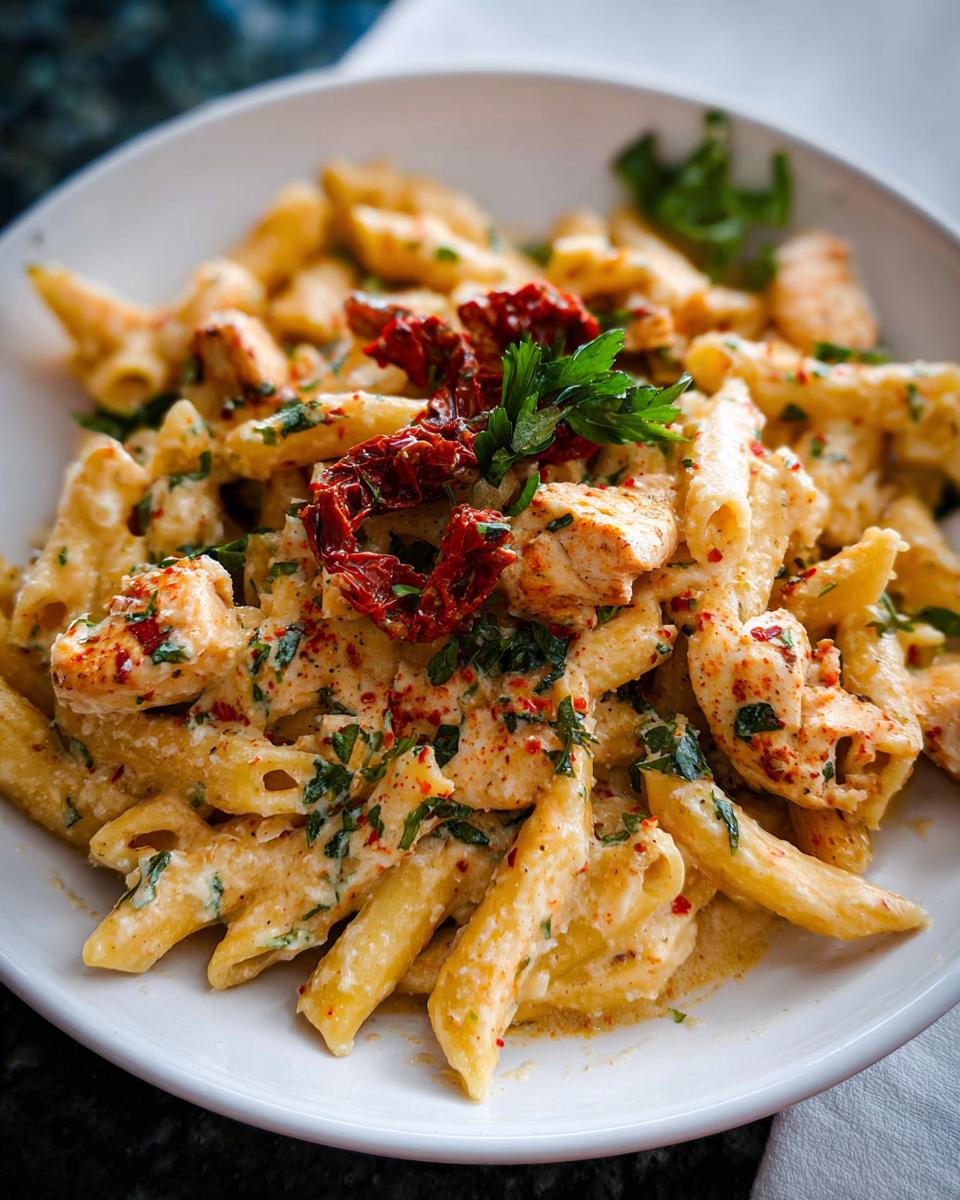 A close-up of creamy Parmesan Marry Me Chicken Pasta with penne, chicken pieces, sun-dried tomatoes, and parsley.
