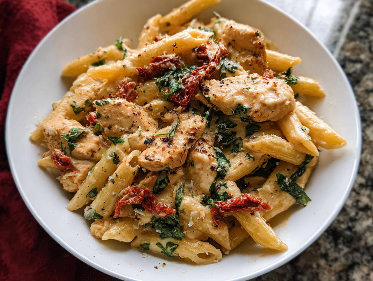 A close-up of creamy Parmesan Marry Me Chicken Pasta with penne, chicken pieces, sun-dried tomatoes, and basil.
