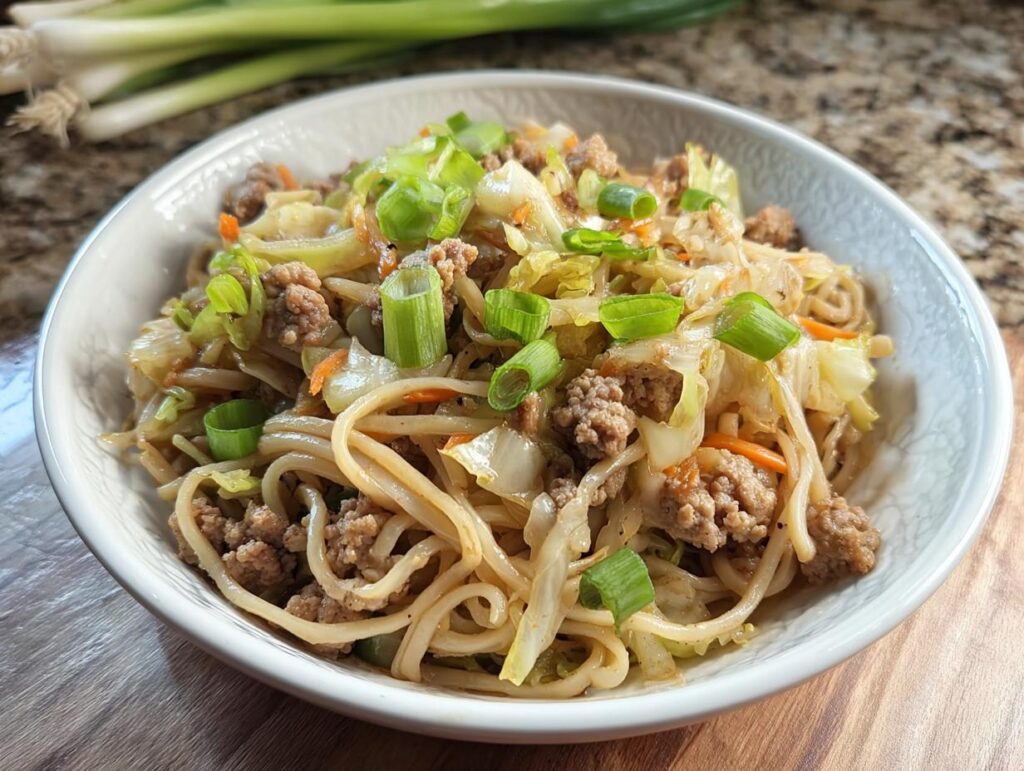 A close-up of a bowl filled with a delicious Potsticker Noodle Bowl featuring pork, noodles, cabbage, and green onions.
