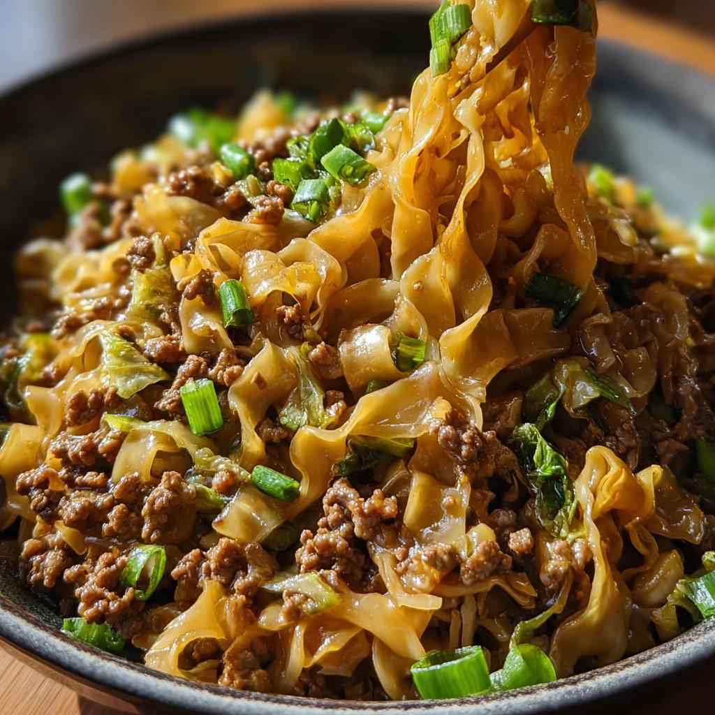 A close-up shot of a delicious Potsticker Noodle Bowl with Pork & Cabbage Slaw, featuring wide noodles, seasoned ground pork, and fresh green onions.
