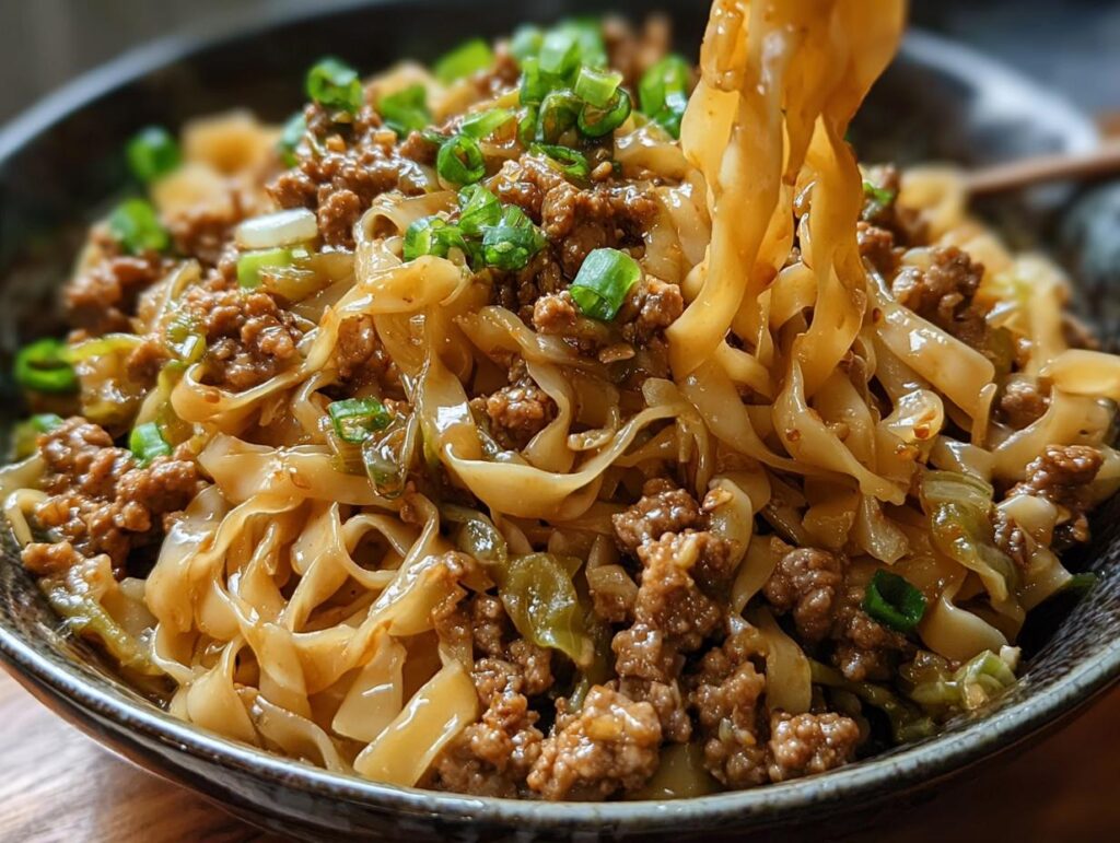 A close-up of a steaming Potsticker Noodle Bowl with Pork & Cabbage Slaw, featuring wide noodles, ground pork, and green onions.