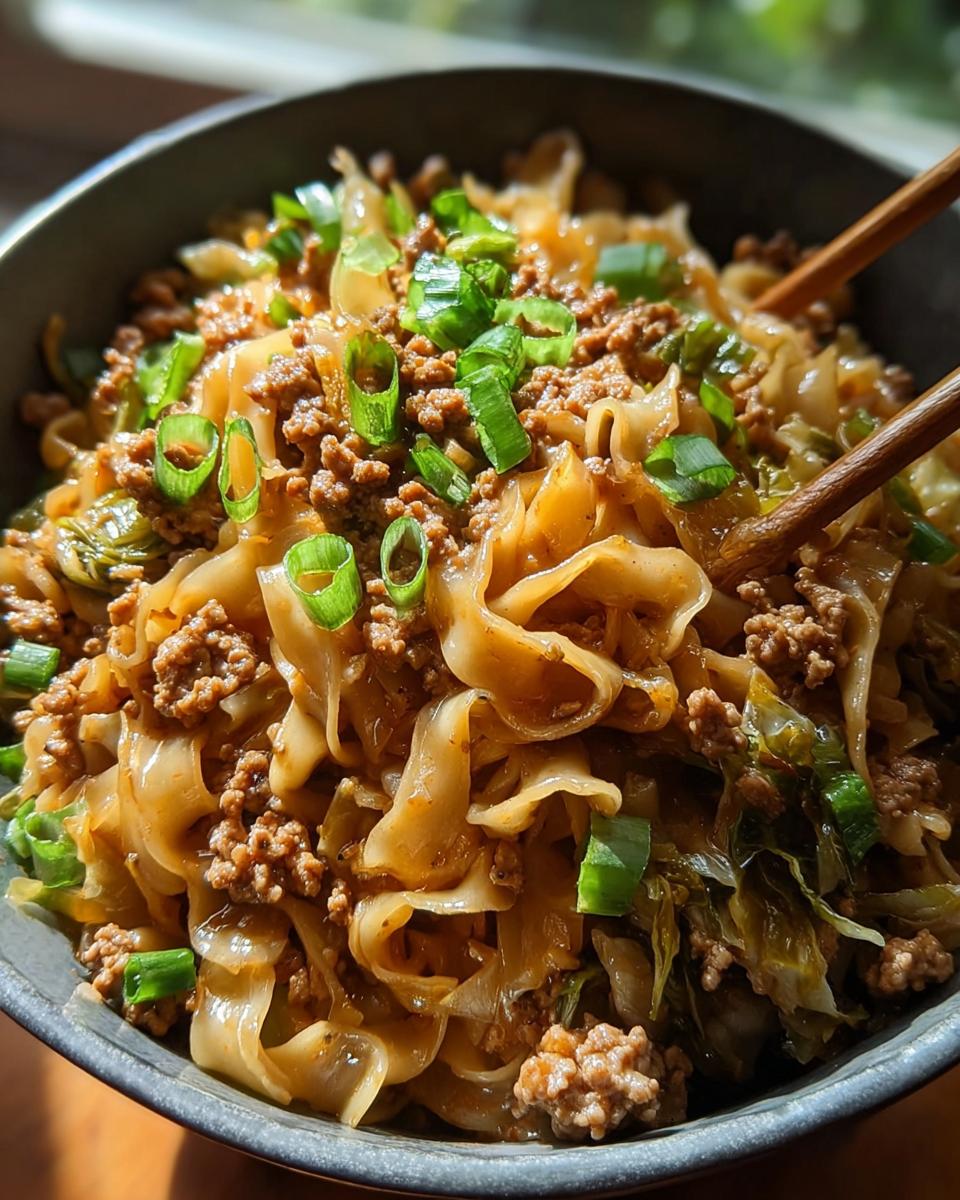 Close-up of a bowl of Potsticker Noodle Bowl with Pork & Cabbage Slaw, garnished with green onions.