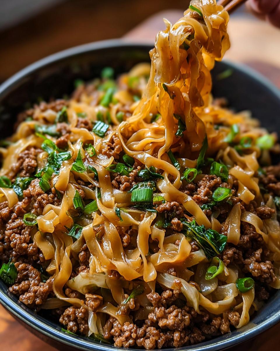 A close-up of a bowl filled with a Potsticker Noodle Bowl with Pork & Cabbage Slaw, with noodles being lifted by chopsticks.