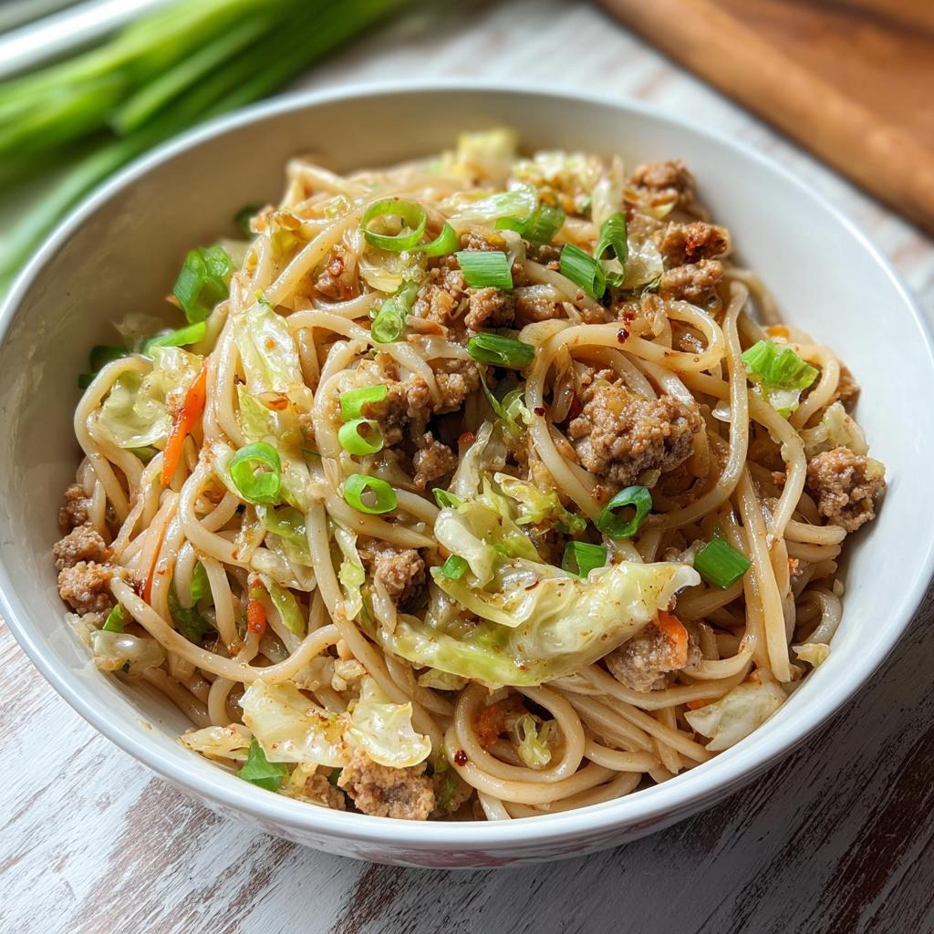 A close-up of a bowl filled with a Potsticker Noodle Bowl with Pork and Cabbage Slaw, garnished with green onions.