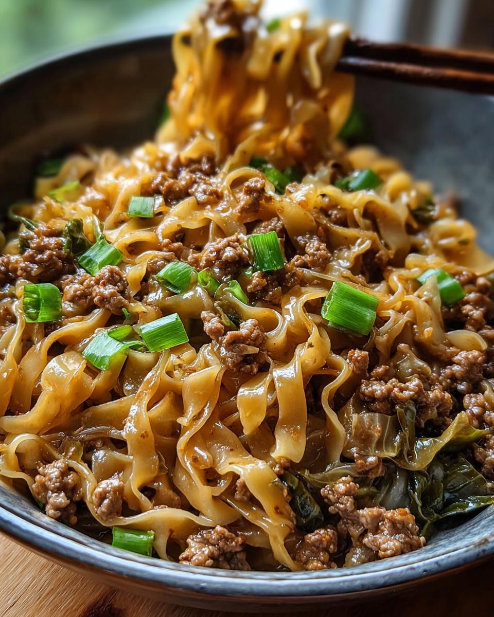 A close-up of a Potsticker Noodle Bowl with savory pork, wide noodles, and fresh green scallions.