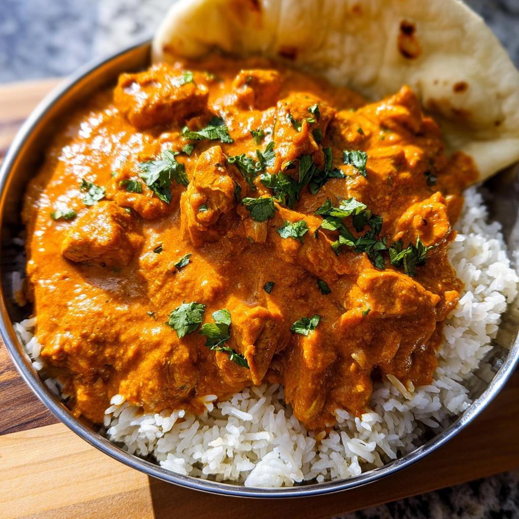 A close-up of Quick & Easy Homemade Butter Chicken served over fluffy white rice, garnished with fresh cilantro and a side of naan.