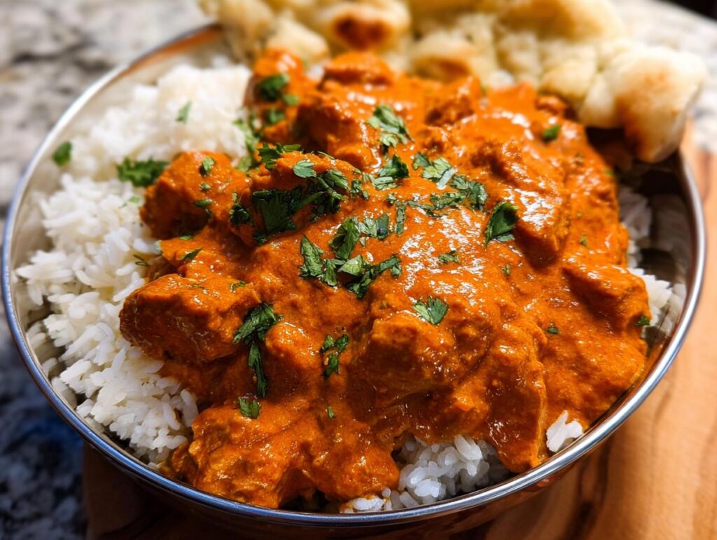 A close-up of a bowl filled with fluffy white rice topped with rich, creamy Quick & Easy Homemade Butter Chicken, garnished with fresh cilantro.