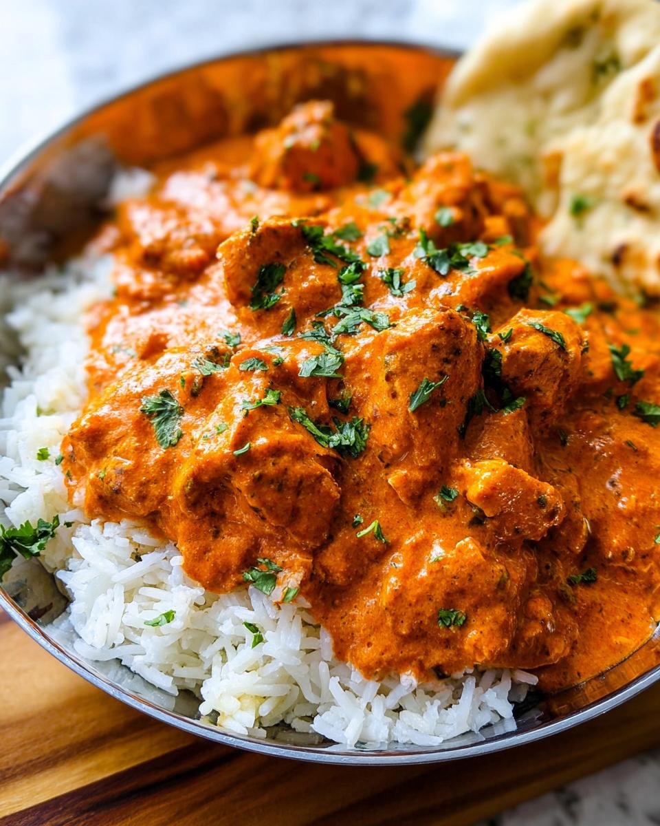 A close-up of Quick & Easy Homemade Butter Chicken served over fluffy white rice, garnished with fresh cilantro.