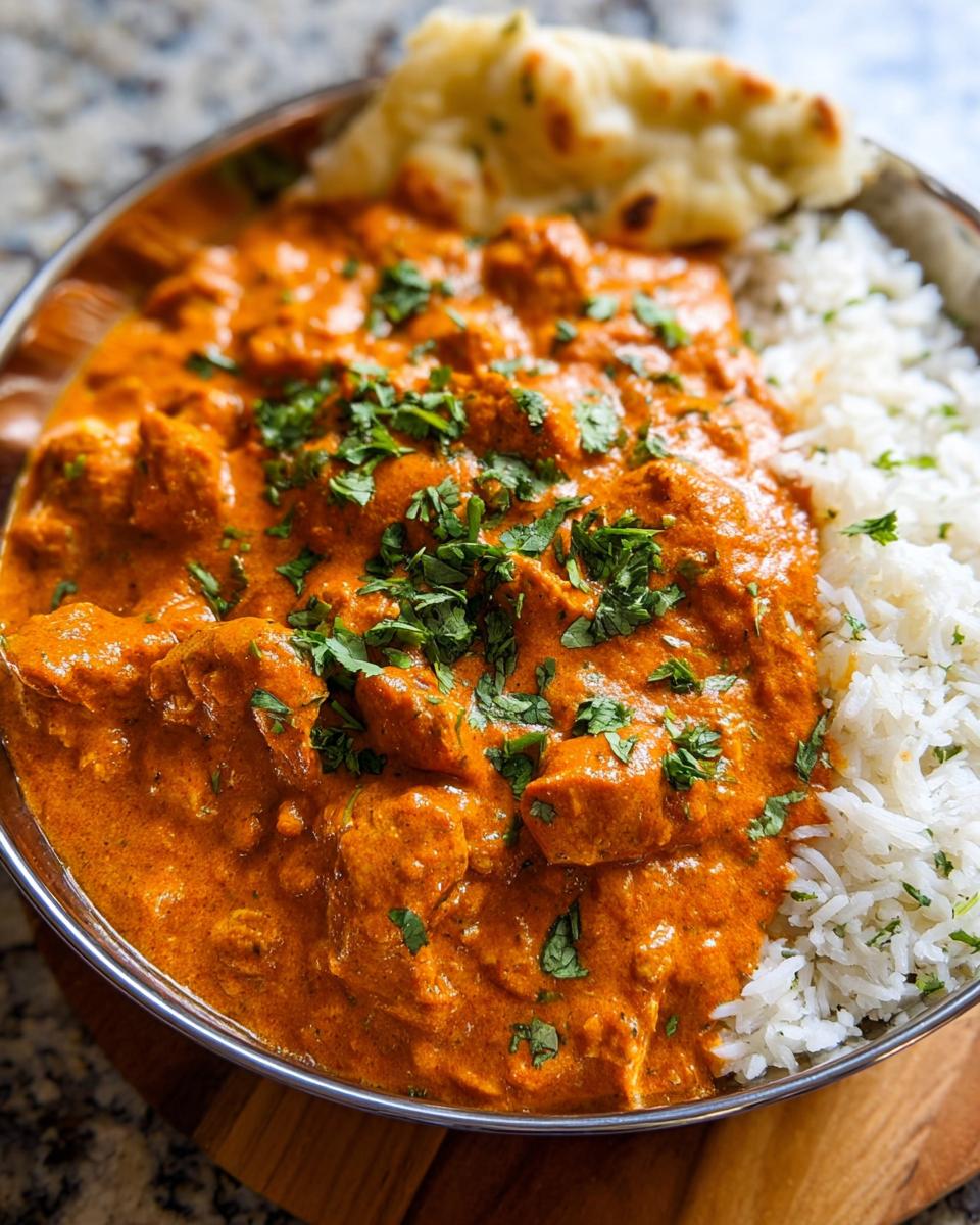 A close-up of a bowl of Quick & Easy Homemade Butter Chicken served with fluffy white rice and a piece of naan bread, garnished with fresh cilantro.