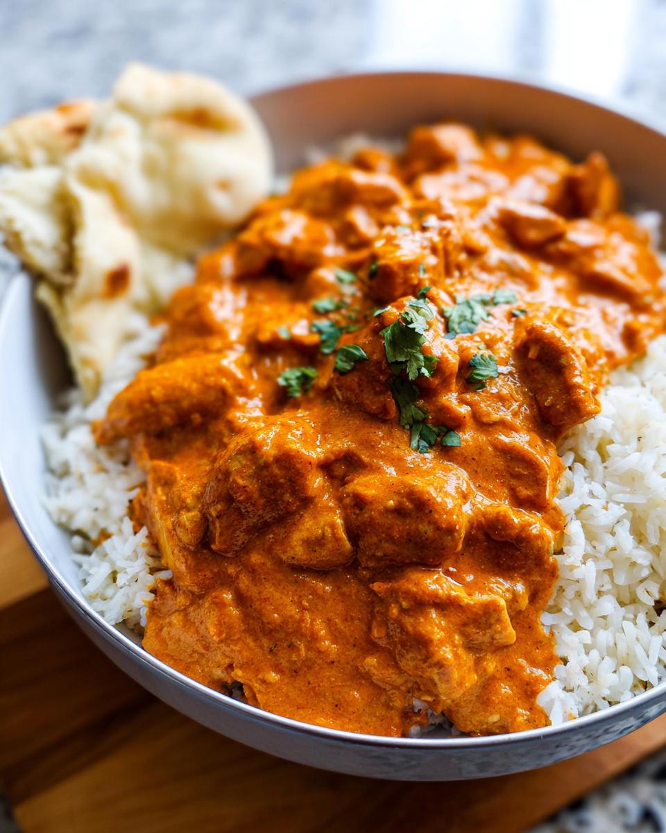A bowl of fluffy white rice topped with creamy, orange Quick & Easy Homemade Butter Chicken, garnished with cilantro, and served with naan bread.