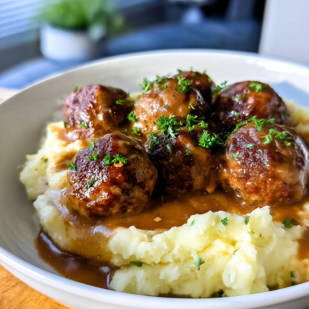 A bowl of Salisbury steak meatballs smothered in gravy served over fluffy garlic herb mashed potatoes, garnished with parsley.