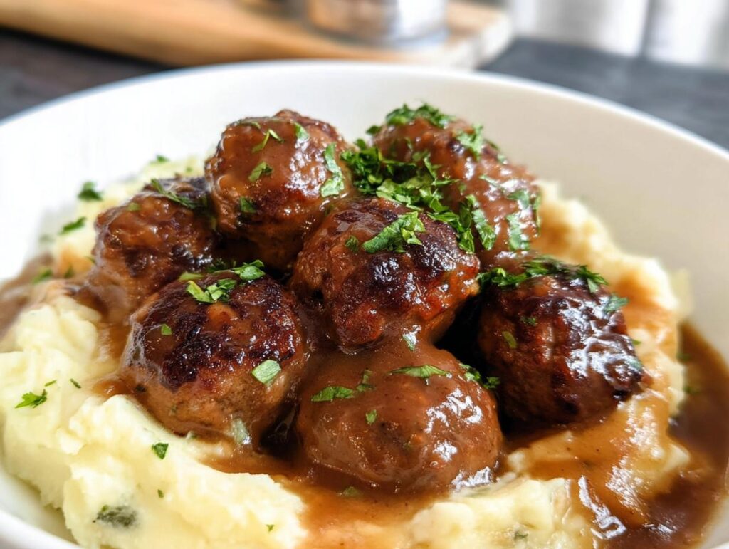 A close-up of Salisbury steak meatballs covered in gravy, served over garlic herb mashed potatoes and garnished with parsley.