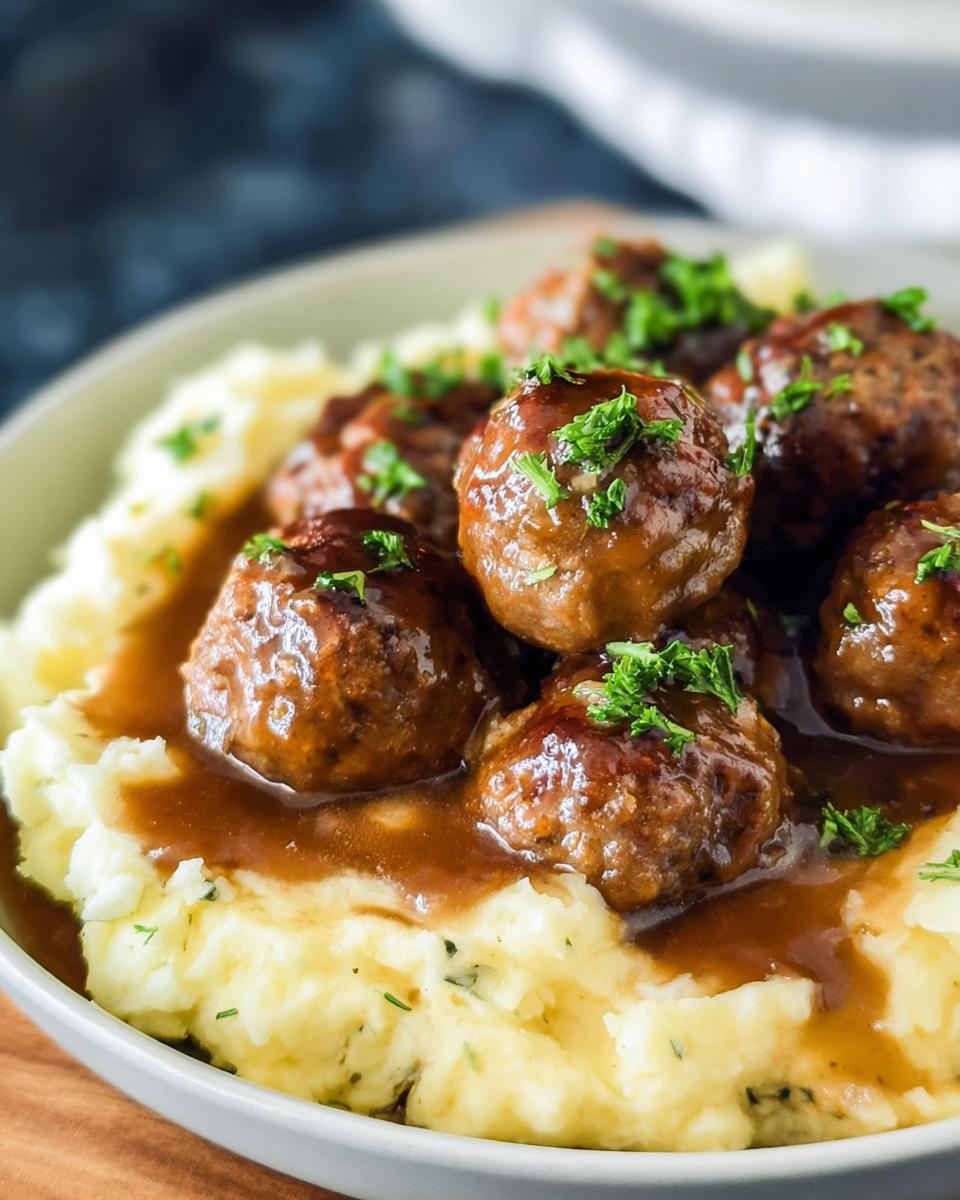 Close-up of Salisbury Steak Meatballs with Garlic Herb Mashed Potatoes, garnished with fresh parsley.