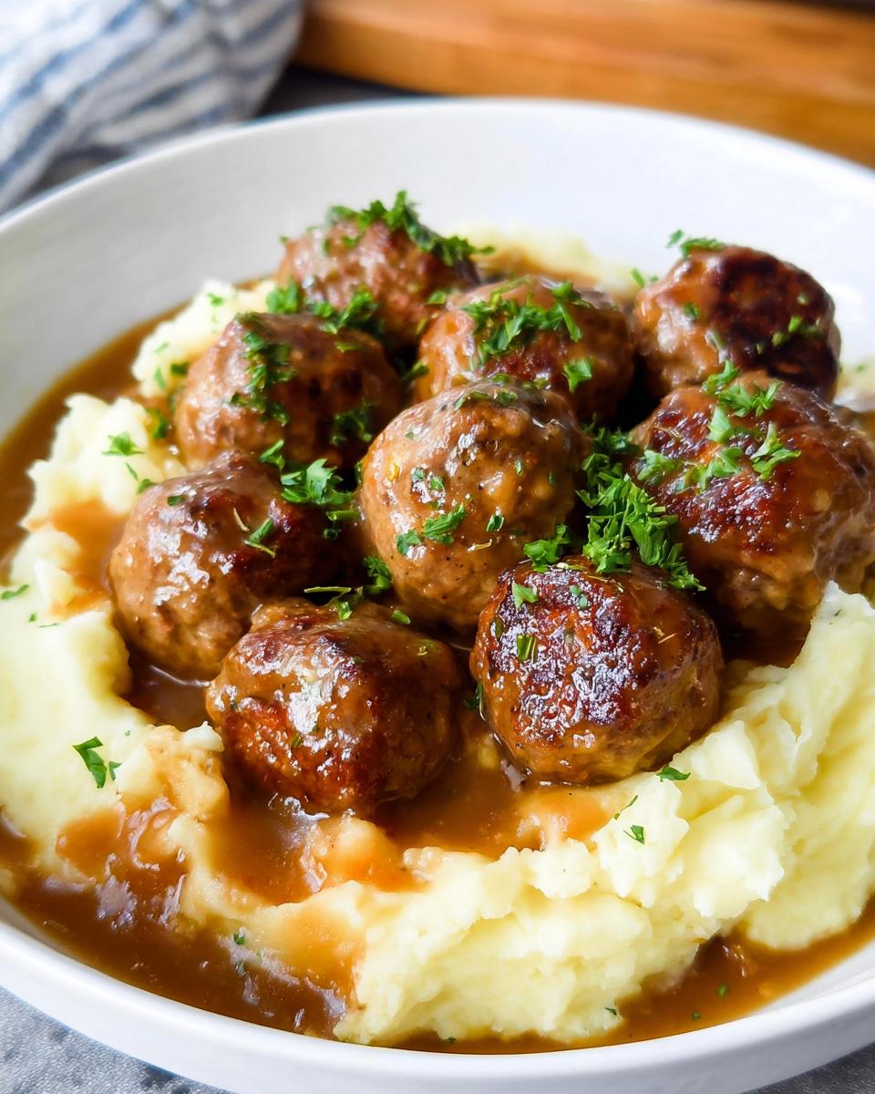 A close-up of Salisbury Steak Meatballs smothered in gravy, served over creamy Garlic Herb Mashed Potatoes and garnished with parsley.