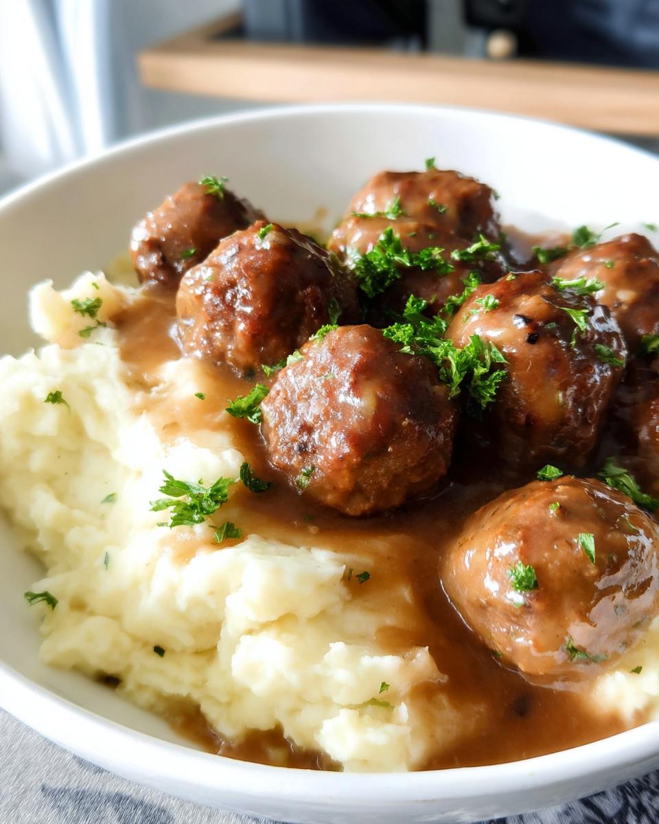 Close-up of Salisbury Steak Meatballs smothered in gravy, served over fluffy Garlic Herb Mashed Potatoes, garnished with parsley.