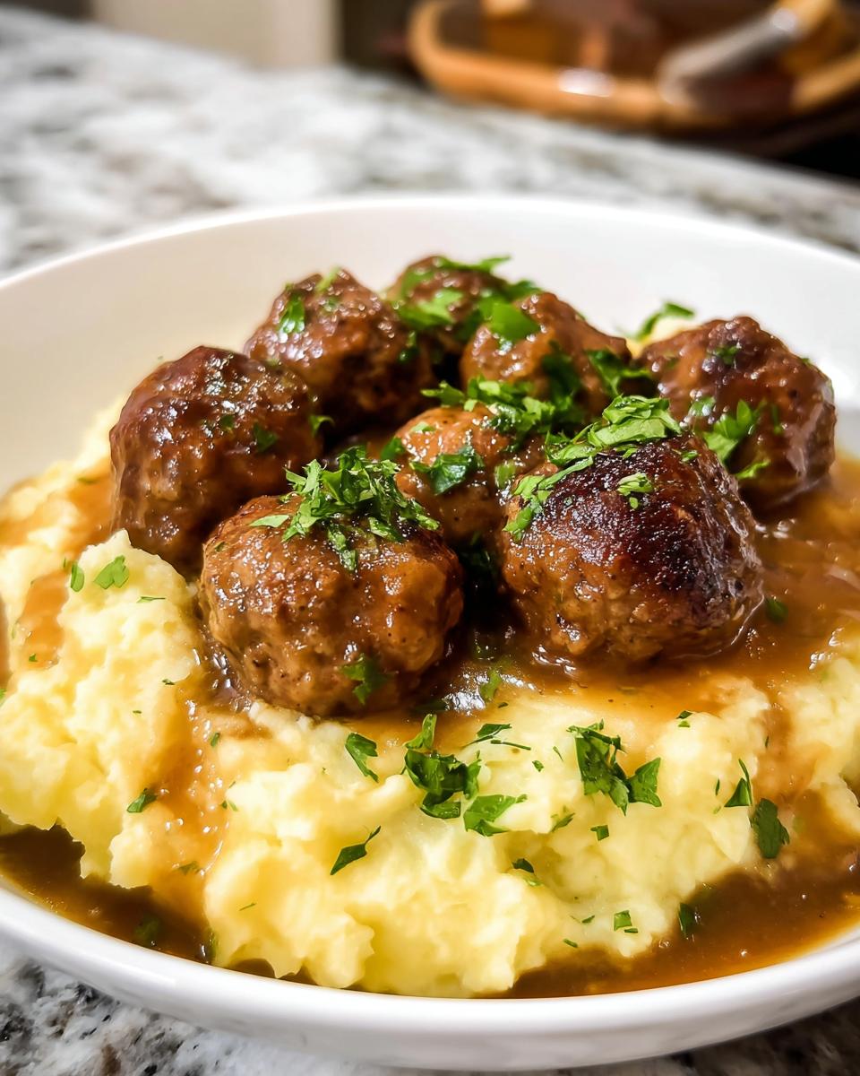 A bowl of Salisbury Steak Meatballs served over creamy Garlic Herb Mashed Potatoes, garnished with fresh parsley.