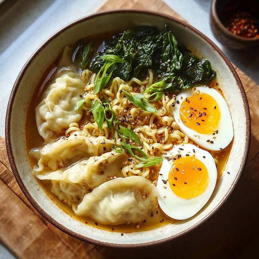 A delicious bowl of Savory Dumpling Ramen with soft-boiled eggs, dumplings, noodles, and fresh greens.