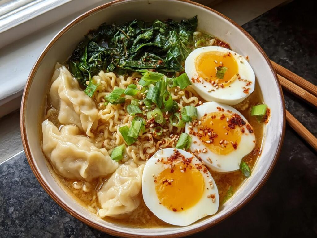 A close-up of a Savory Dumpling Ramen Bowl with soft-boiled eggs, noodles, dumplings, and greens.