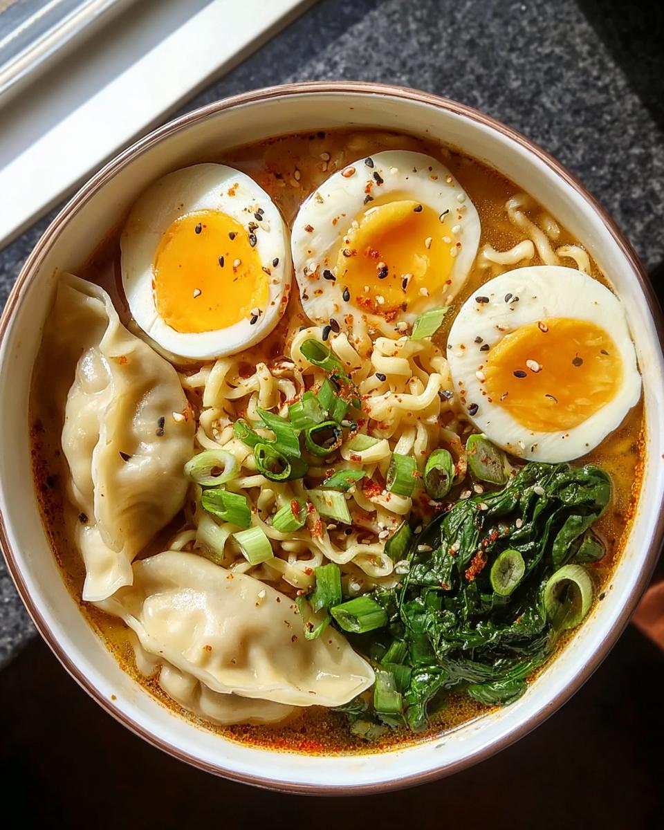 A delicious bowl of Savory Dumpling Ramen with soft-boiled eggs, dumplings, noodles, and fresh greens.