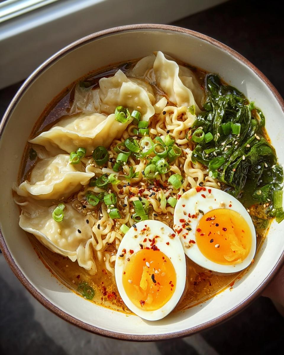 A close-up of a Savory Dumpling Ramen Bowl with soft-boiled eggs, ramen noodles, dumplings, and fresh greens.