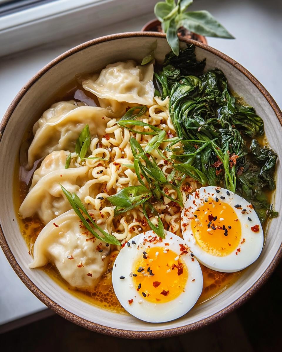 A delicious Savory Dumpling Ramen Bowl with soft-boiled eggs, noodles, dumplings, and fresh greens.