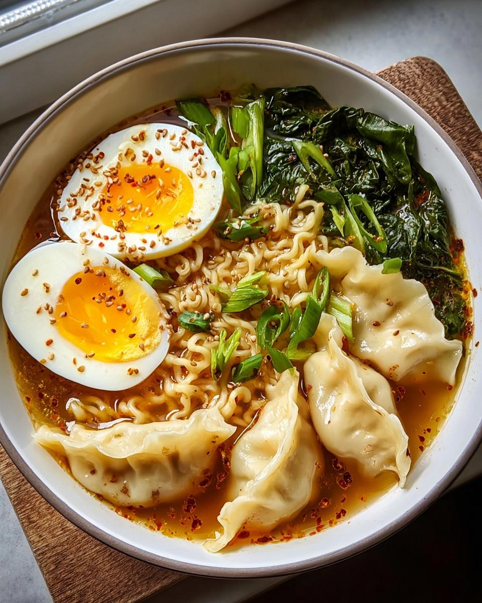 A delicious bowl of Savory Dumpling Ramen featuring soft-boiled eggs, dumplings, noodles, and fresh greens.