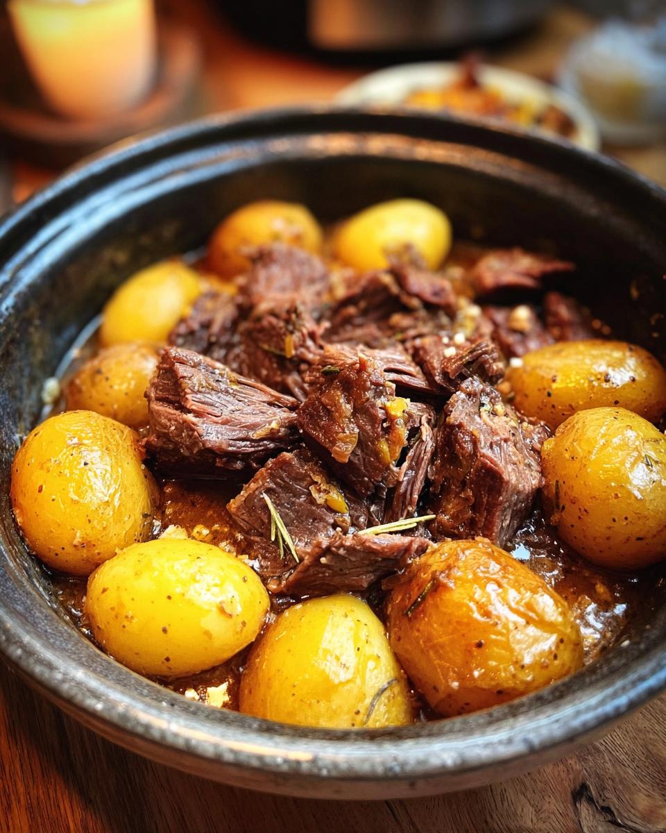 A bowl of tender Slow Cooker Garlic Butter Beef with Potatoes, glistening in a rich sauce.