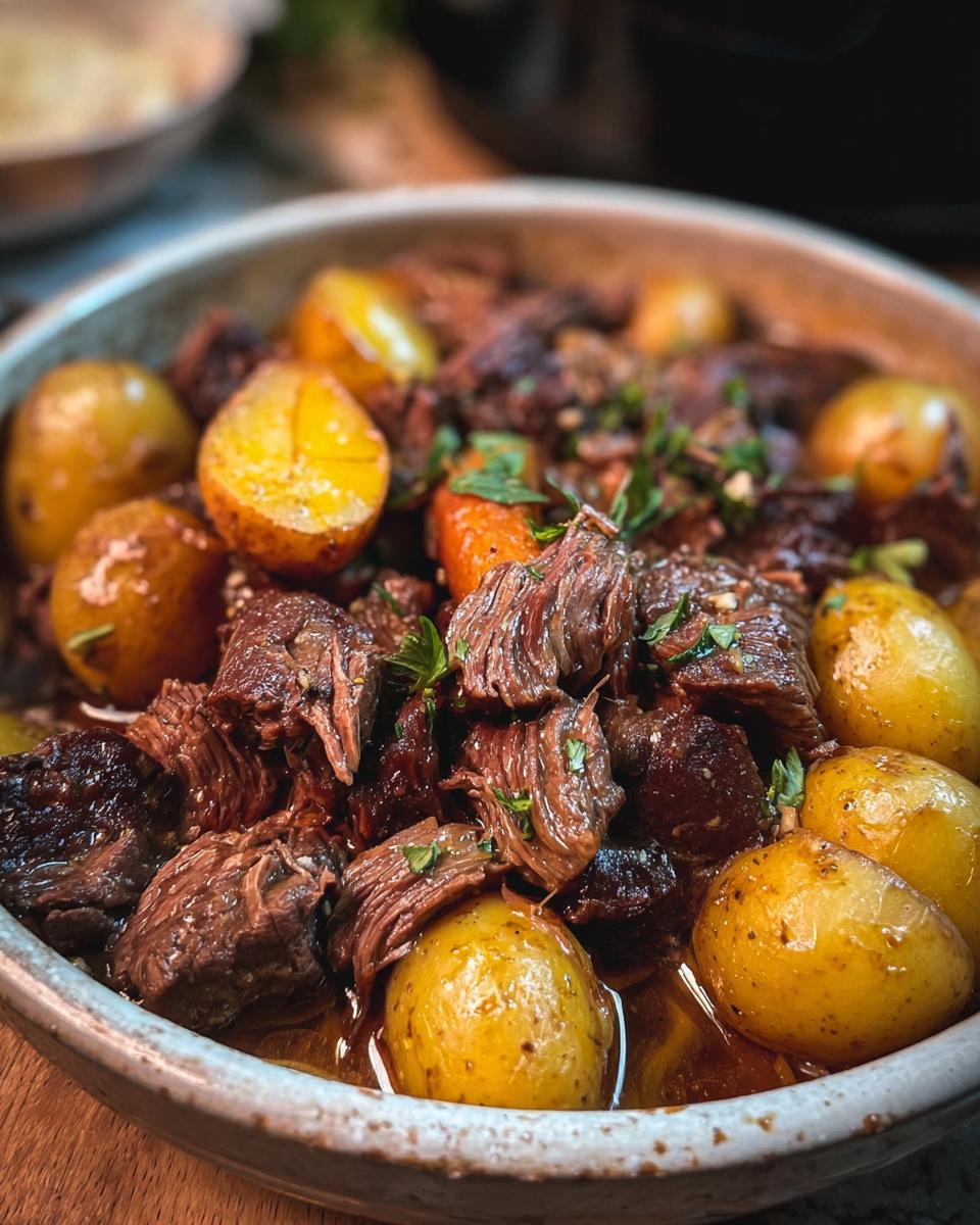 A bowl of tender slow cooker garlic butter beef with potatoes and herbs.