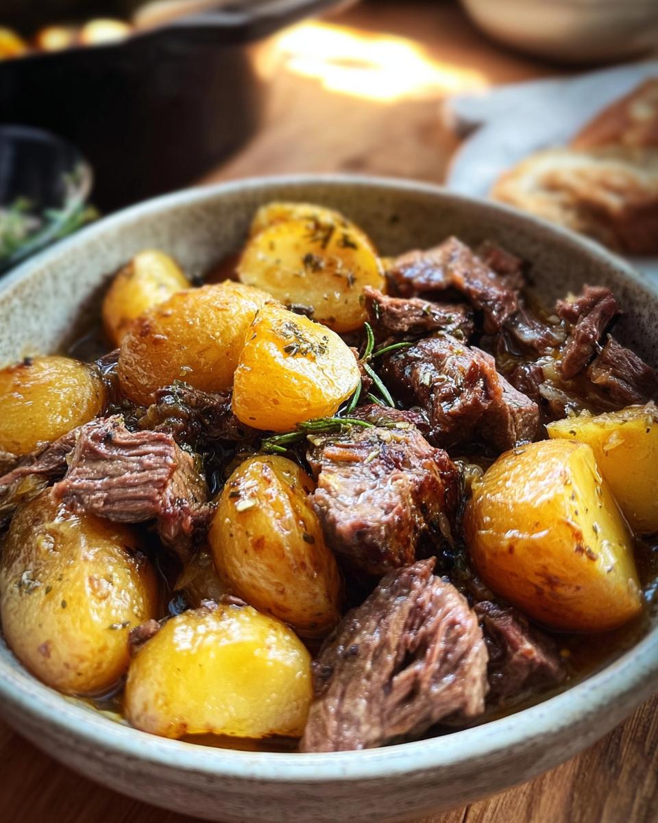 A bowl of tender Slow Cooker Garlic Butter Beef with Potatoes, garnished with rosemary.