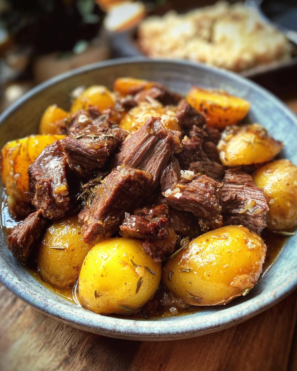A close-up of tender Slow Cooker Garlic Butter Beef with Potatoes in a rustic bowl, garnished with herbs.