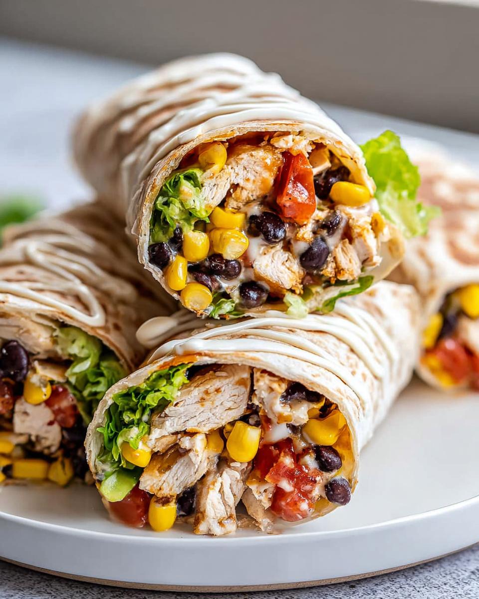Close-up of delicious Southwest Chicken Wraps filled with chicken, black beans, corn, lettuce, and tomatoes, drizzled with sauce.