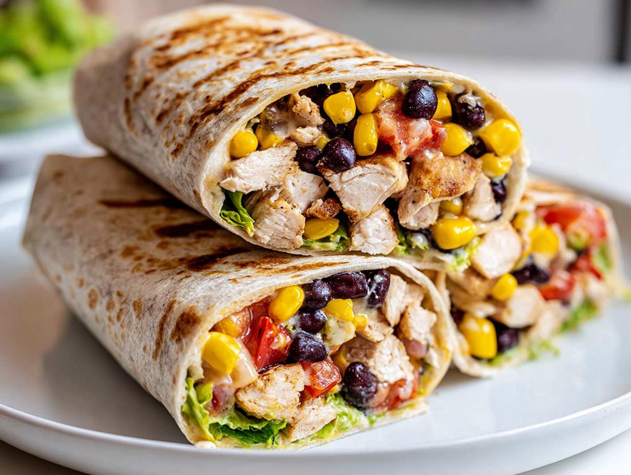 Close-up of two Southwest Chicken Wraps filled with chicken, black beans, corn, and lettuce.