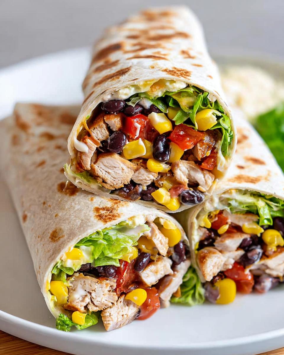 Three delicious Southwest Chicken Wraps filled with chicken, black beans, corn, tomatoes, and lettuce.