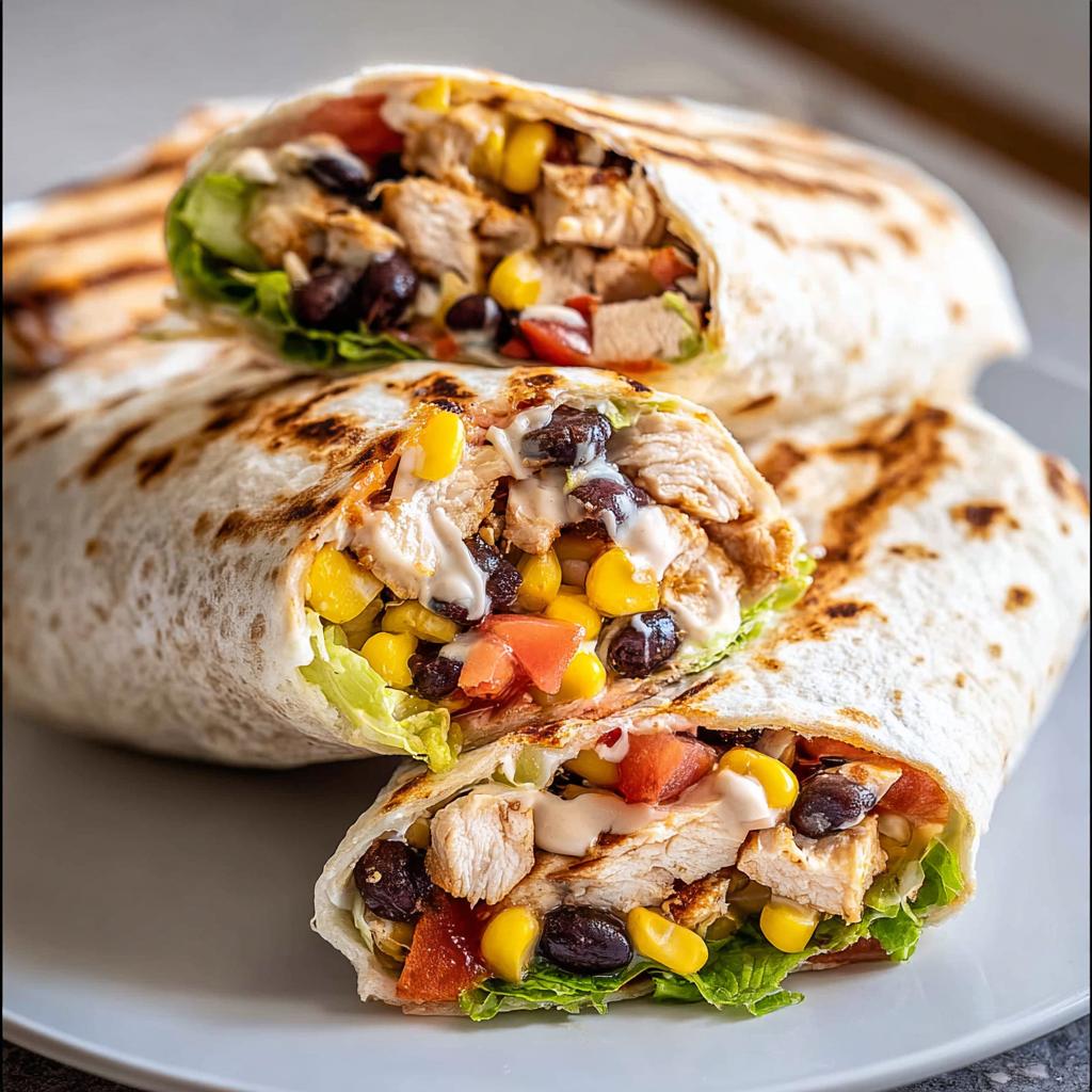 Close-up of two Southwest Chicken Wraps filled with grilled chicken, black beans, corn, lettuce, and tomato.